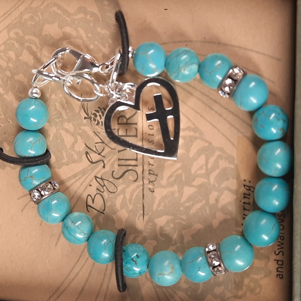 Turquoise Color Magnesite Beaded Cross Swarovski Crystal Bracelet Big Sky Silver